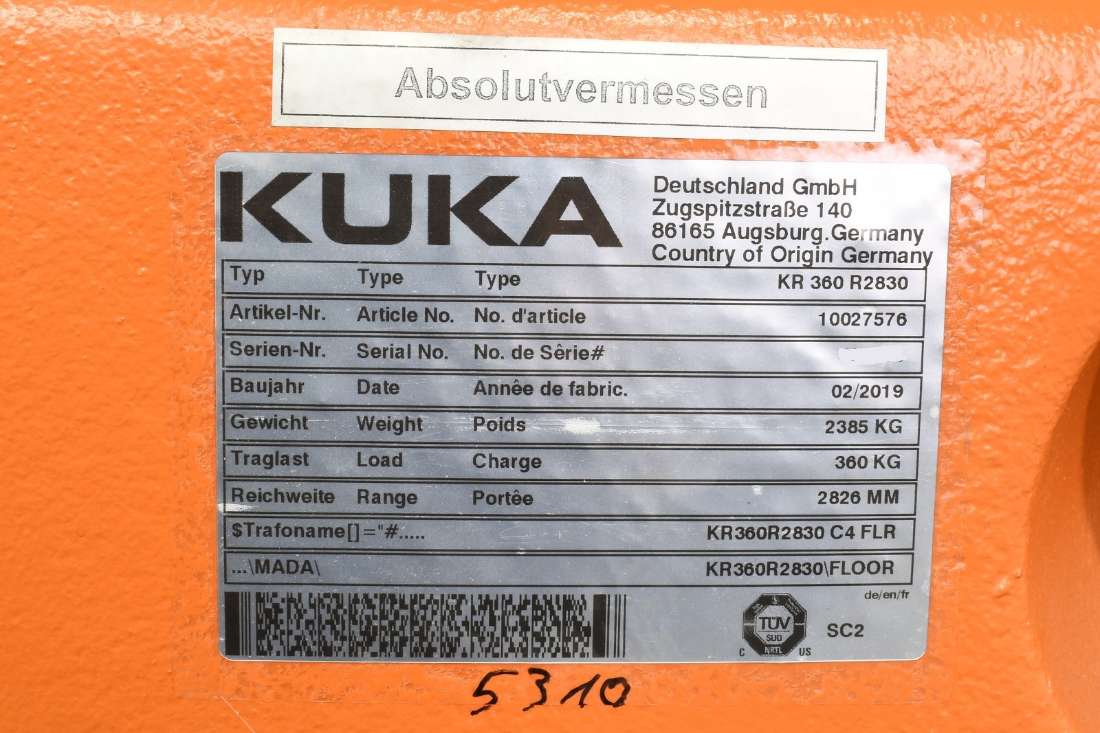 KUKA 10027576, KR 360 R2830, Schwerlast- Industrieroboter mit KRC4 Steuerung KUKA 10027576, KR 360 R2830, Schwerlast- Industrieroboter mit KRC4 Steuerung